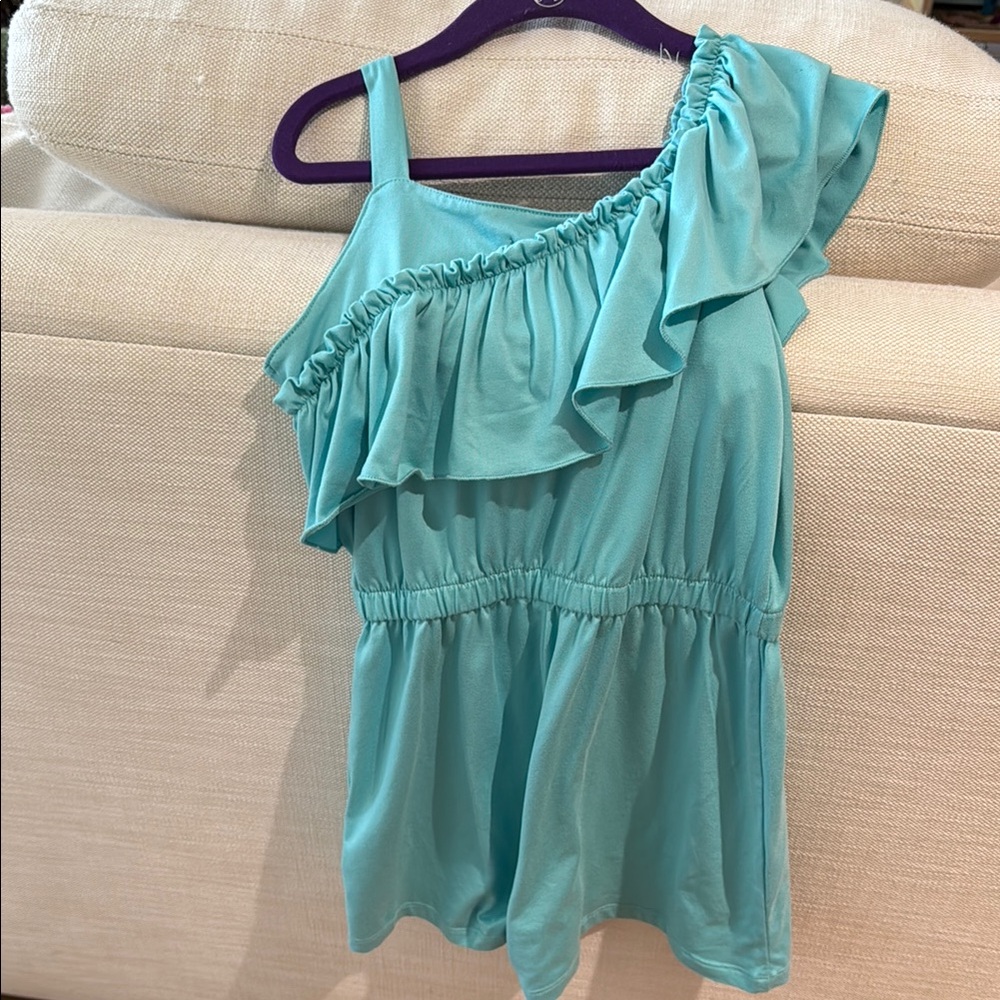 Girls' Aqua One-Shoulder Ruffle Romper - Picture 3 of 5